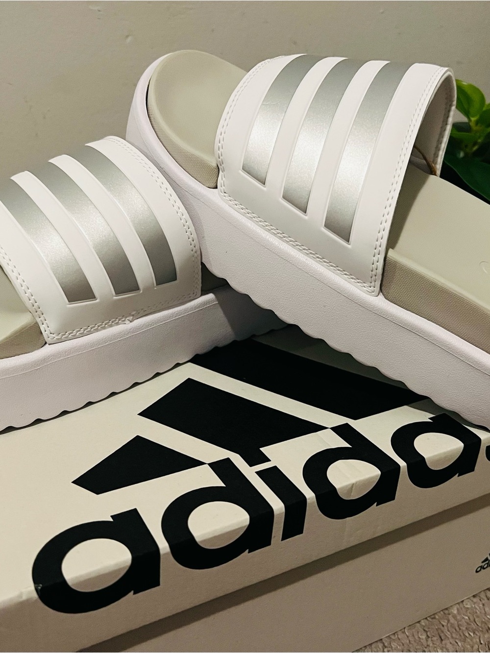 adidas White Silver Adilette Platform Slide Sandals